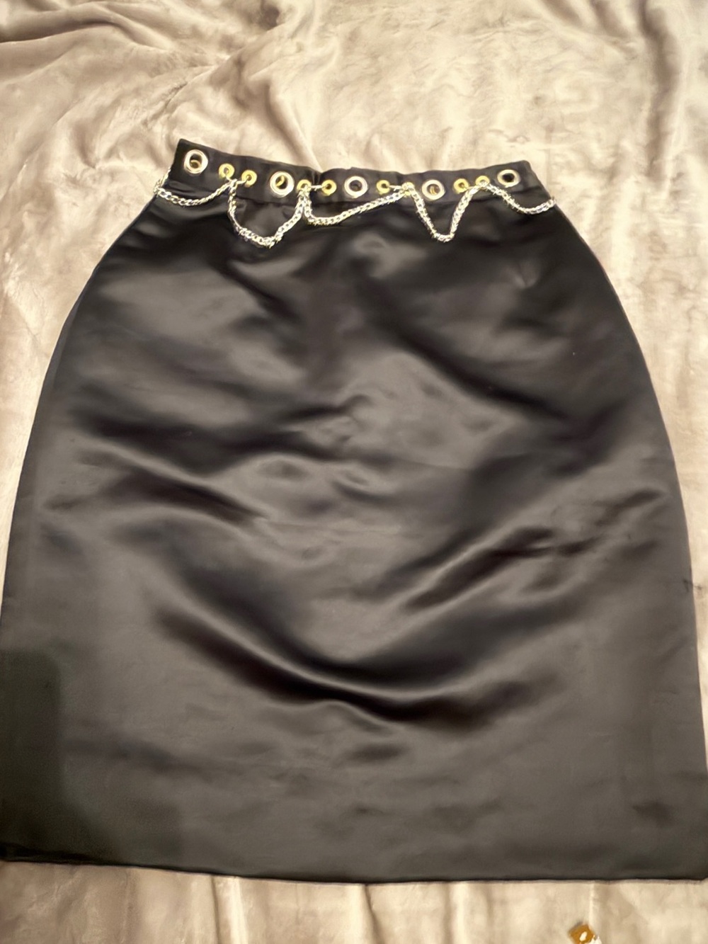Black Satin Skirt featuring Hand-Set Grommets & Silver Chains ✨🖤Custom Edge! ⛓️✨
